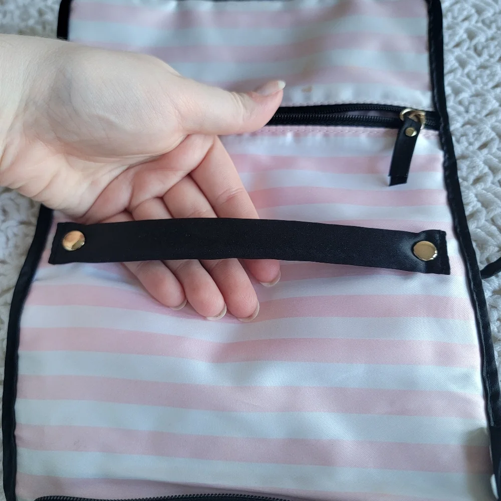 Victoria's Secret Jewelry Roll Travel Bag Black/VS Pink Stripes/Gold